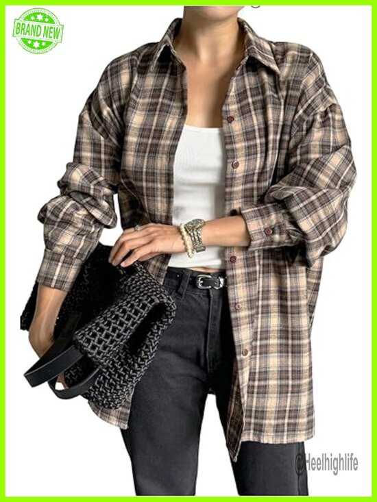 Tops - Oversized Plaid Button Down Shirt Long Sleeve Collared Blouse